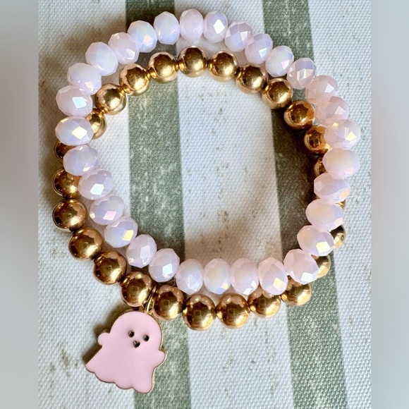 New Halloween Beaded Pink & Gold Tone Adult Size Bracelets w/ Ghost Charm - 8” - Picture 6 of 8
